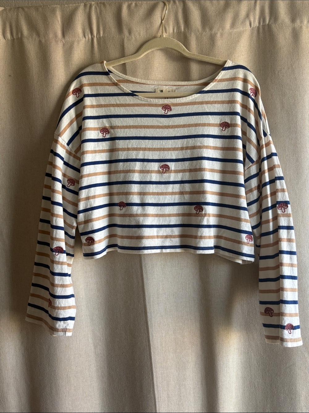 Madewell Striped Knit Top with Rust Mushroom Embroidery
